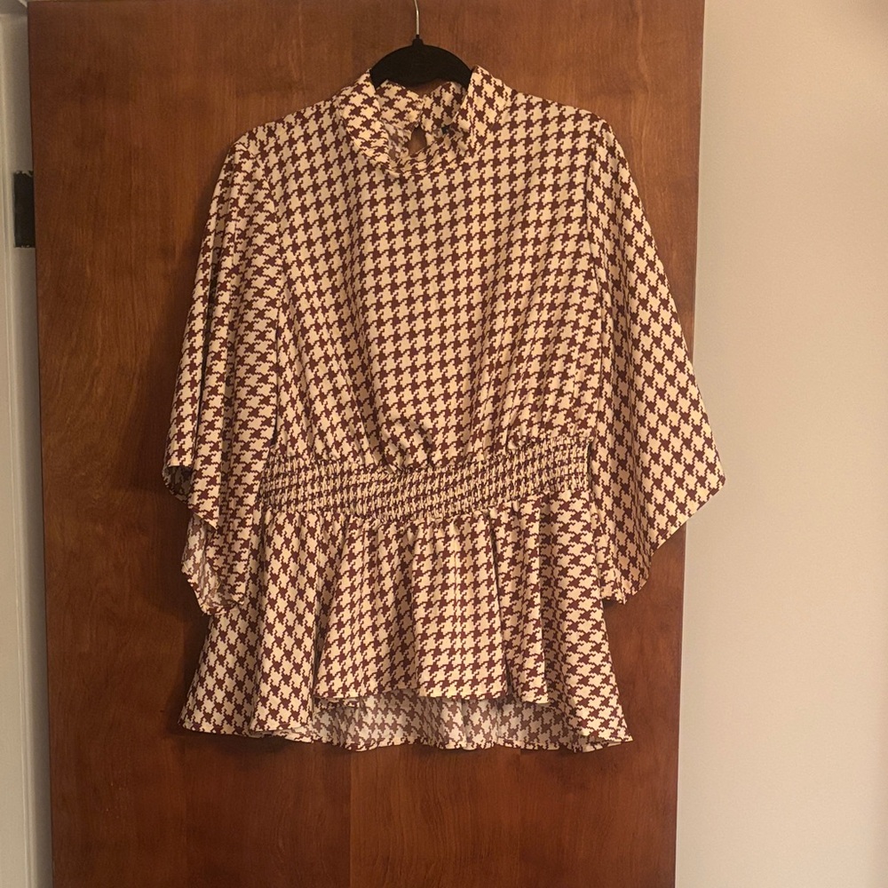 SHEIN Black and Cream Houndstooth Blouse
